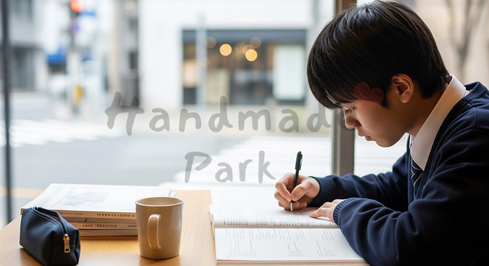 フリー素材 無料 写真｜カフェの窓際で参考書とノートに向かう日本人高校生の自習シーン（表現1）