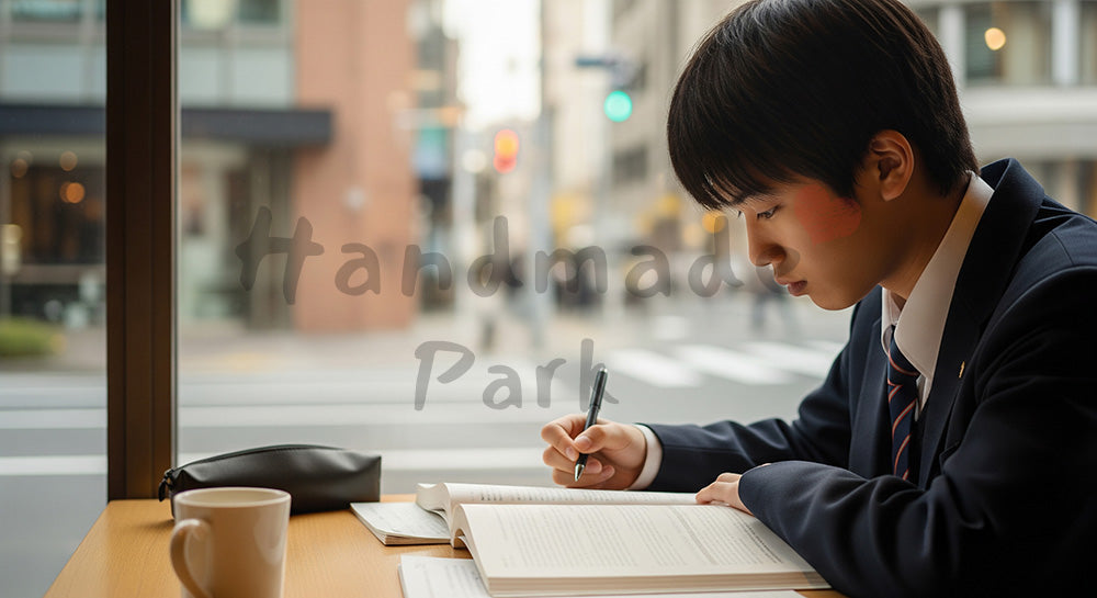 フリー素材 無料 写真｜カフェの窓際で参考書とノートに向かう日本人高校生の自習シーン コピースペースあり