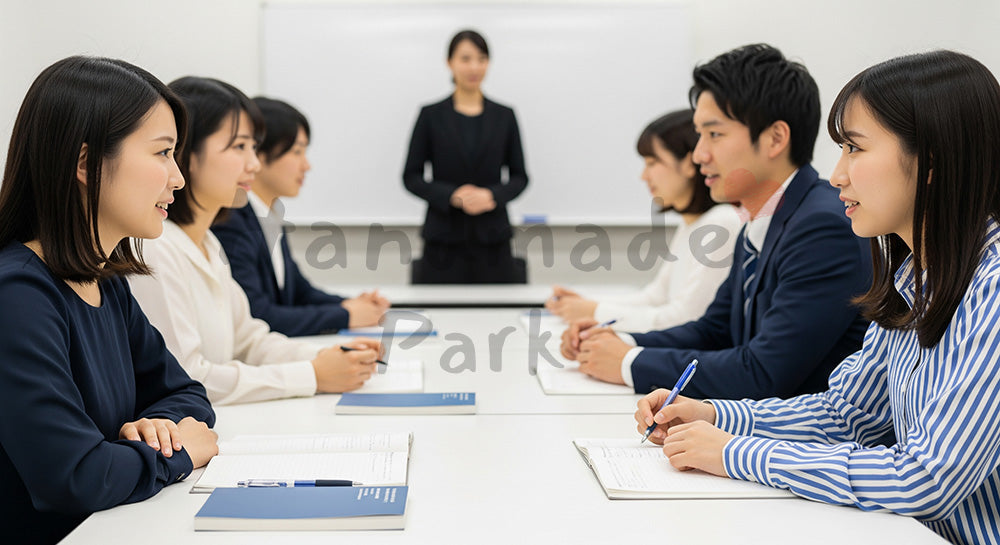 フリー素材 無料 写真｜語学スクールで英会話のペアワークに取り組む日本人学習者たち 背景素材