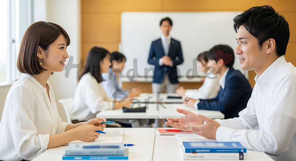 フリー素材 無料 写真｜語学スクールで英会話のペアワークに取り組む日本人学習者たち