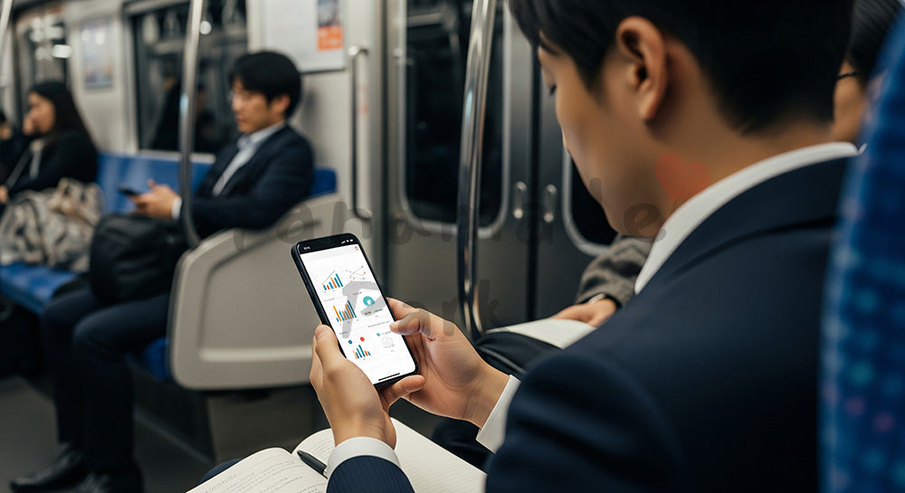 フリー素材 無料 写真｜通勤電車の中で学習アプリとテキストで資格勉強をする日本人社会人 余白あり