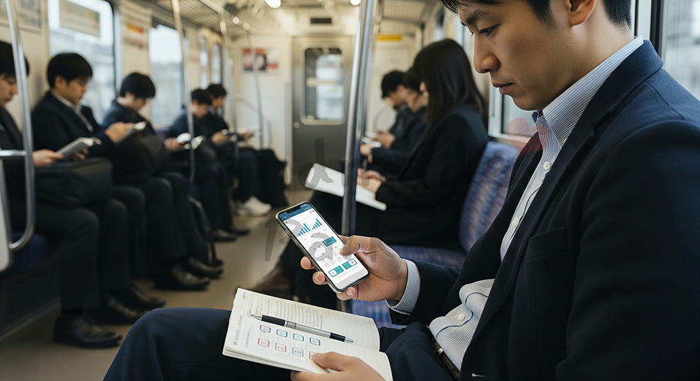 フリー素材 無料 写真｜通勤電車の中で学習アプリとテキストで資格勉強をする日本人社会人 背景素材