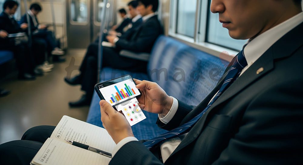 フリー素材 無料 写真｜通勤電車の中で学習アプリとテキストで資格勉強をする日本人社会人