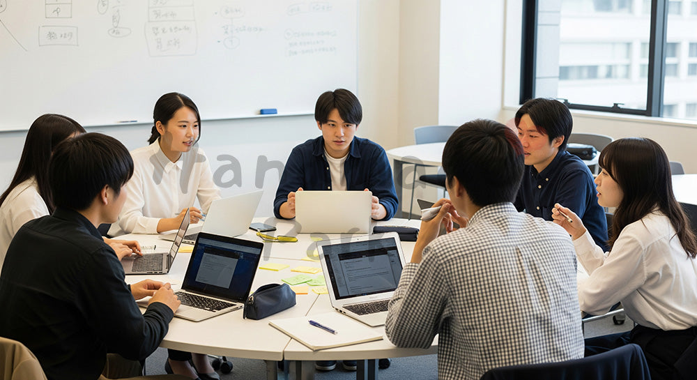 フリー素材 無料 写真｜円卓を囲んでグループディスカッションを行う日本人大学生のアクティブラーニング 余白あり