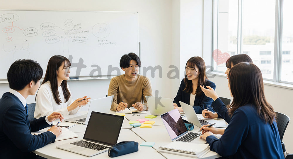 フリー素材 無料 写真｜円卓を囲んでグループディスカッションを行う日本人大学生のアクティブラーニング 写真背景