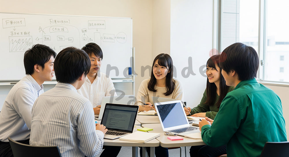 フリー素材 無料 写真｜円卓を囲んでグループディスカッションを行う日本人大学生のアクティブラーニング 背景素材