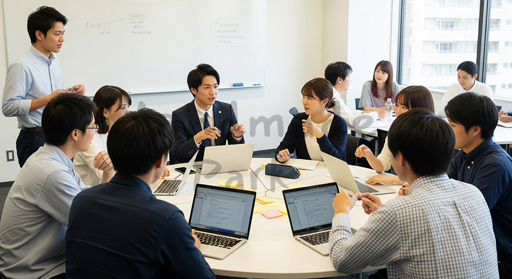 フリー素材 無料 写真｜円卓を囲んでグループディスカッションを行う日本人大学生のアクティブラーニング