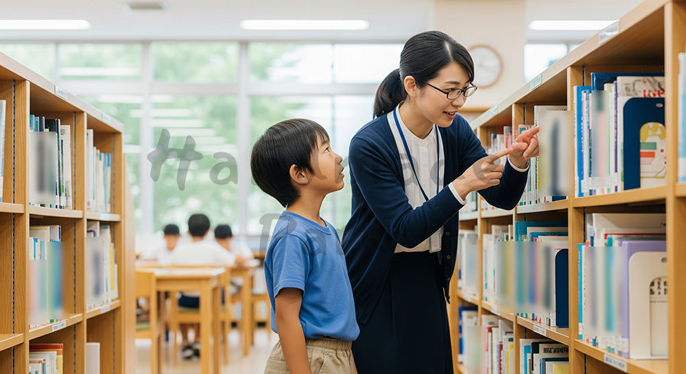 フリー素材 無料 写真｜学校図書館で司書から本の場所を教えてもらう日本人児童の読書学習シーン 写真背景