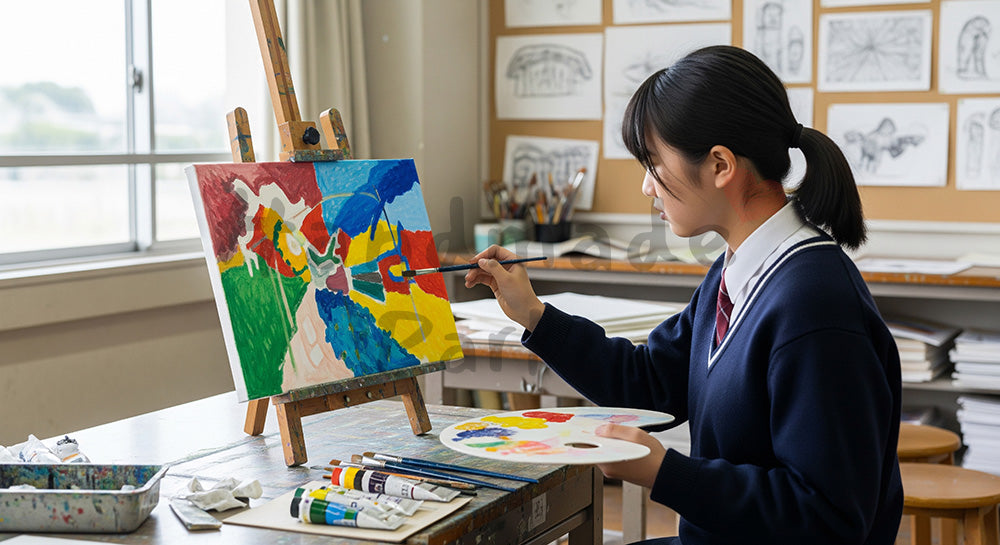 フリー素材 無料 写真｜美術室でキャンバスに向かって絵を描く日本人高校生のアート学習 余白あり