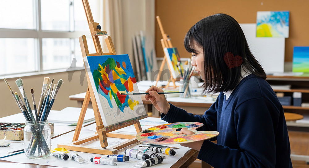 フリー素材 無料 写真｜美術室でキャンバスに向かって絵を描く日本人高校生のアート学習 写真背景