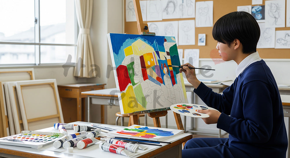 フリー素材 無料 写真｜美術室でキャンバスに向かって絵を描く日本人高校生のアート学習 背景素材