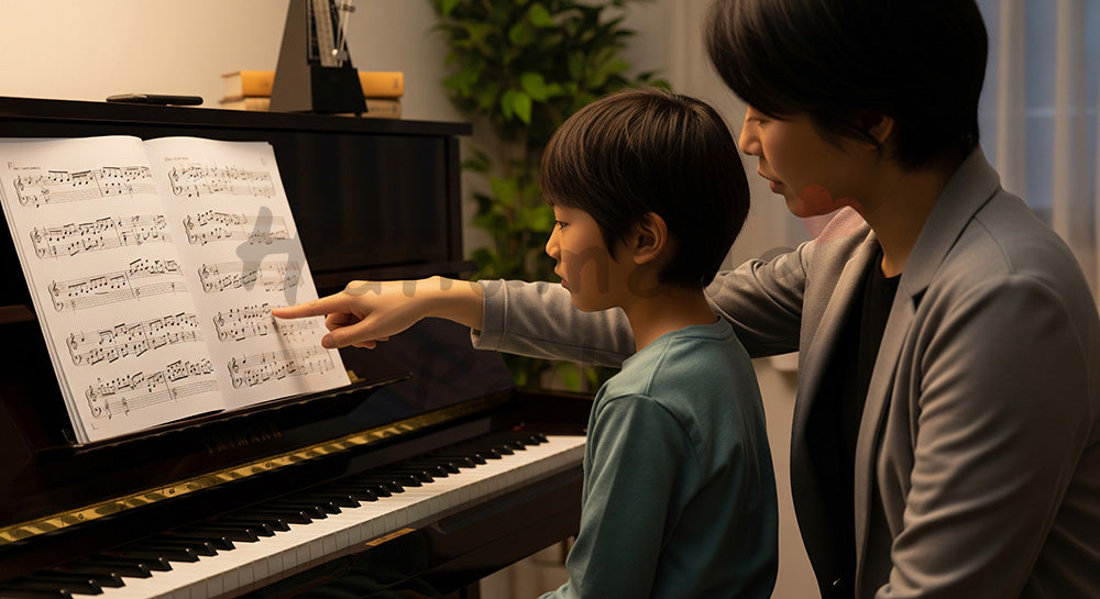 フリー素材 無料 写真｜アップライトピアノで講師とマンツーマンレッスンを受ける日本人の子ども 余白あり