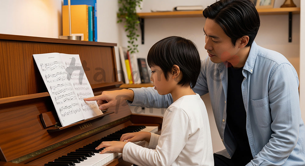 フリー素材 無料 写真｜アップライトピアノで講師とマンツーマンレッスンを受ける日本人の子ども 背景素材