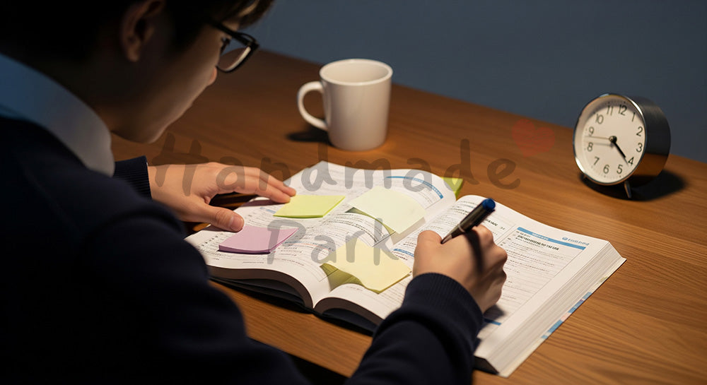 フリー素材 無料 写真｜資格試験テキストと問題集で夜に独学する日本人社会人の学習シーン 余白あり