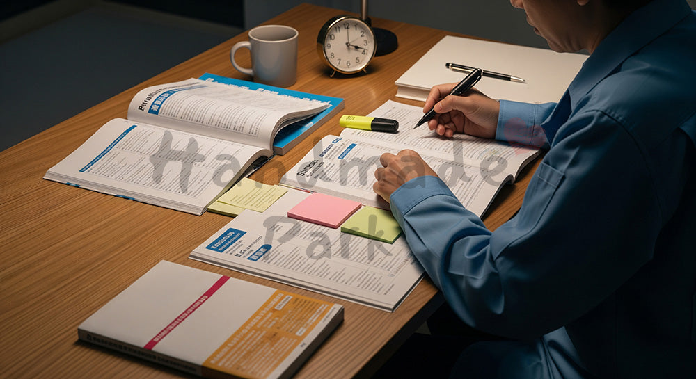 フリー素材 無料 写真｜資格試験テキストと問題集で夜に独学する日本人社会人の学習シーン