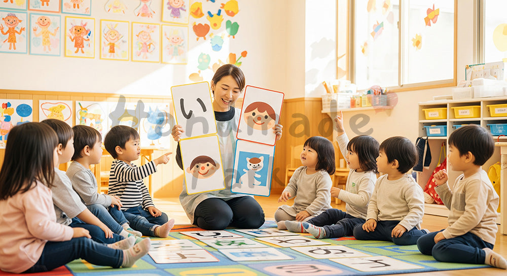 フリー素材 無料 写真｜ひらがなカードを使って言葉遊びをする日本人幼児と保育士の早期学習シーン 余白あり