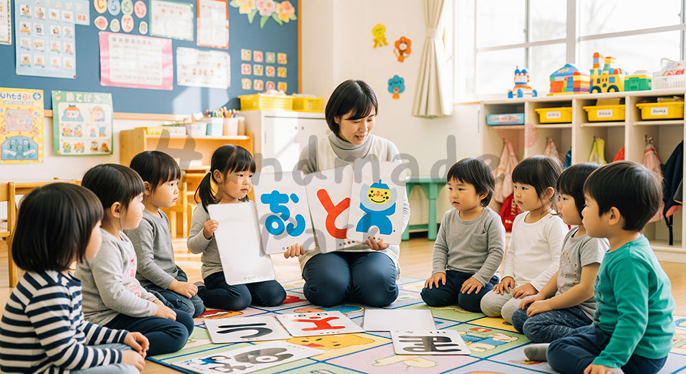 フリー素材 無料 写真｜ひらがなカードを使って言葉遊びをする日本人幼児と保育士の早期学習シーン 写真背景