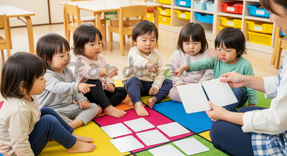 フリー素材 無料 写真｜ひらがなカードを使って言葉遊びをする日本人幼児と保育士の早期学習シーン 背景素材