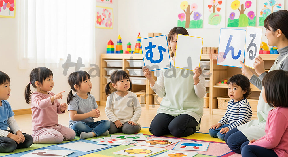 フリー素材 無料 写真｜ひらがなカードを使って言葉遊びをする日本人幼児と保育士の早期学習シーン