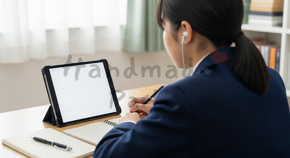 フリー素材 無料 写真｜タブレットでオンライン授業を受ける日本人中高生の自宅学習シーン 余白あり