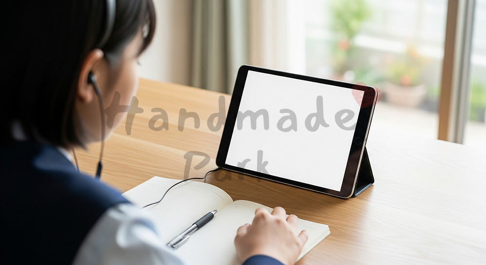 フリー素材 無料 写真｜タブレットでオンライン授業を受ける日本人中高生の自宅学習シーン 写真背景