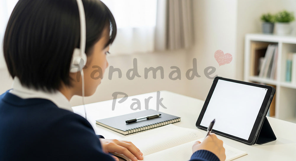 フリー素材 無料 写真｜タブレットでオンライン授業を受ける日本人中高生の自宅学習シーン