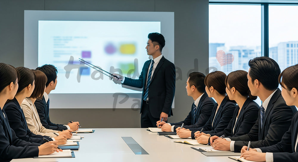 フリー素材 無料 写真｜スクリーンを使った社内研修を受ける日本人ビジネスパーソンの学習シーン 余白あり