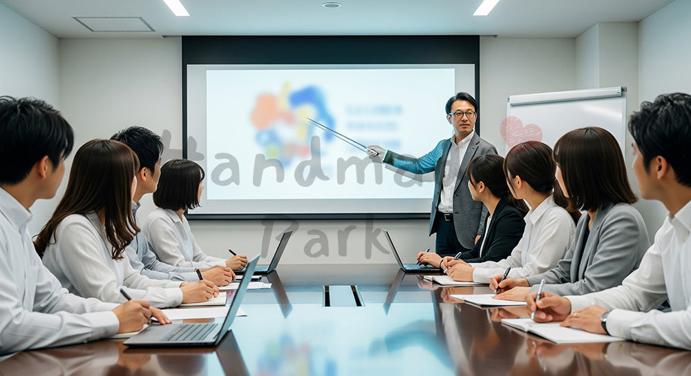 フリー素材 無料 写真｜スクリーンを使った社内研修を受ける日本人ビジネスパーソンの学習シーン 写真背景