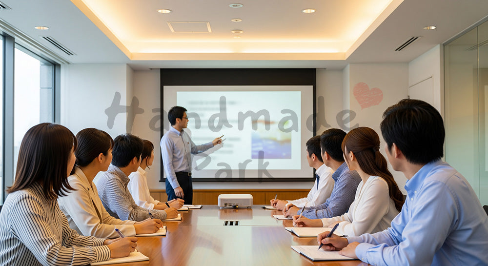 フリー素材 無料 写真｜スクリーンを使った社内研修を受ける日本人ビジネスパーソンの学習シーン 背景素材