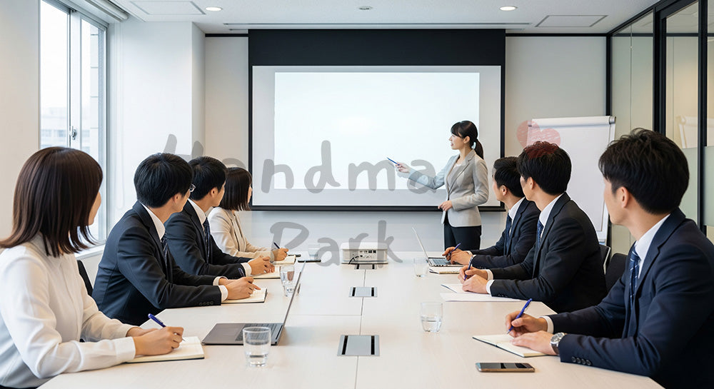 フリー素材 無料 写真｜スクリーンを使った社内研修を受ける日本人ビジネスパーソンの学習シーン