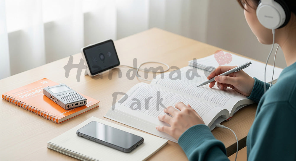 フリー素材 無料 写真｜ヘッドホンで英語音声を聞きながらテキストで勉強する日本人学習者 余白あり