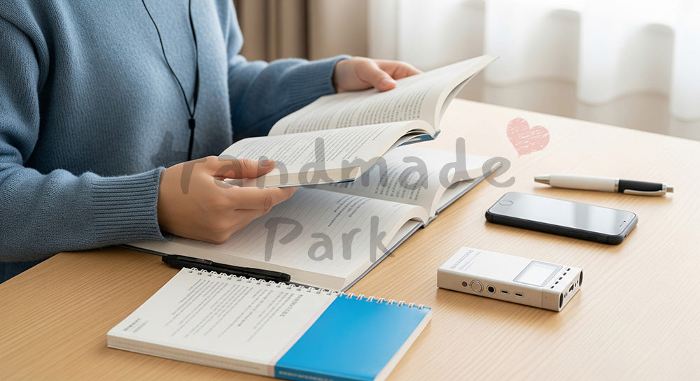 フリー素材 無料 写真｜ヘッドホンで英語音声を聞きながらテキストで勉強する日本人学習者