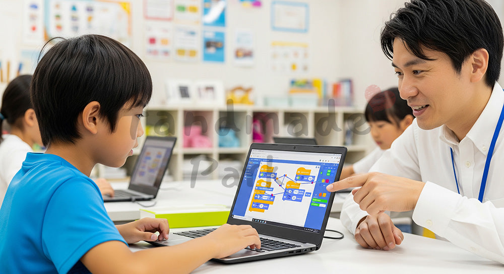 フリー素材 無料 写真｜子ども向けプログラミング教室でPC画面を操作する日本人小学生と講師 写真背景