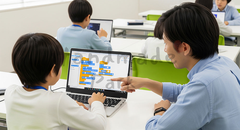 フリー素材 無料 写真｜子ども向けプログラミング教室でPC画面を操作する日本人小学生と講師
