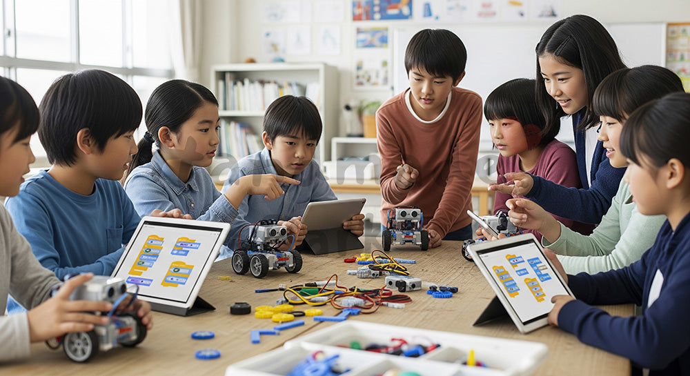フリー素材 無料 写真｜ロボットとタブレットを使って学ぶ日本人の子どもたちのSTEM教育シーン 写真背景