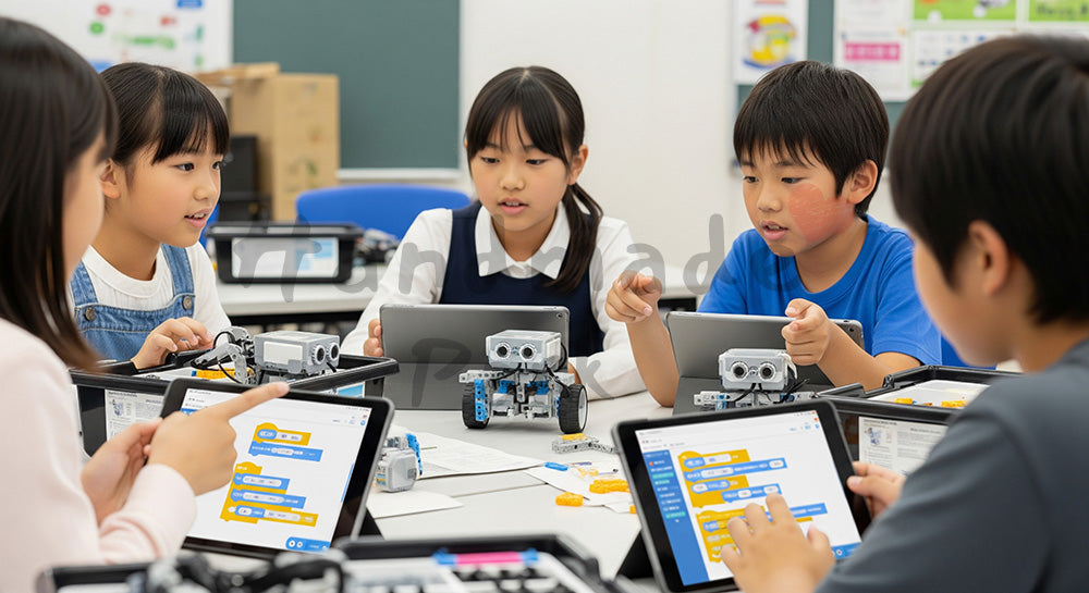 フリー素材 無料 写真｜ロボットとタブレットを使って学ぶ日本人の子どもたちのSTEM教育シーン 背景素材