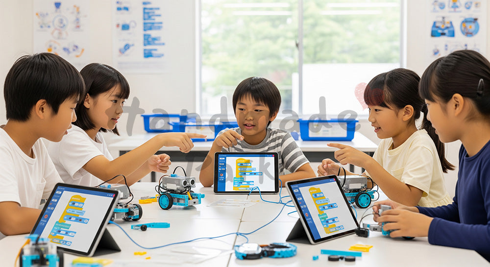 フリー素材 無料 写真｜ロボットとタブレットを使って学ぶ日本人の子どもたちのSTEM教育シーン