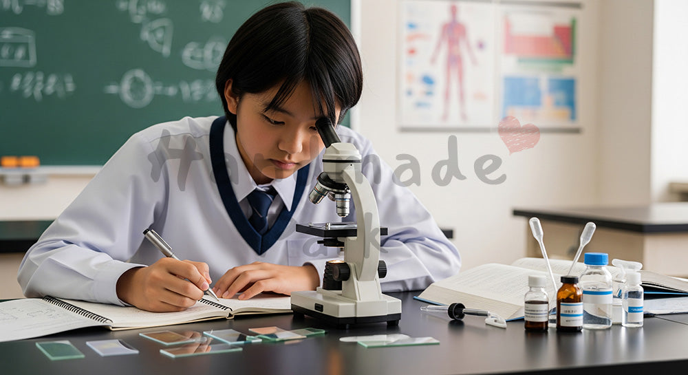 フリー素材 無料 写真｜理科室で顕微鏡観察を行う日本人中学生の理科実験シーン 余白あり