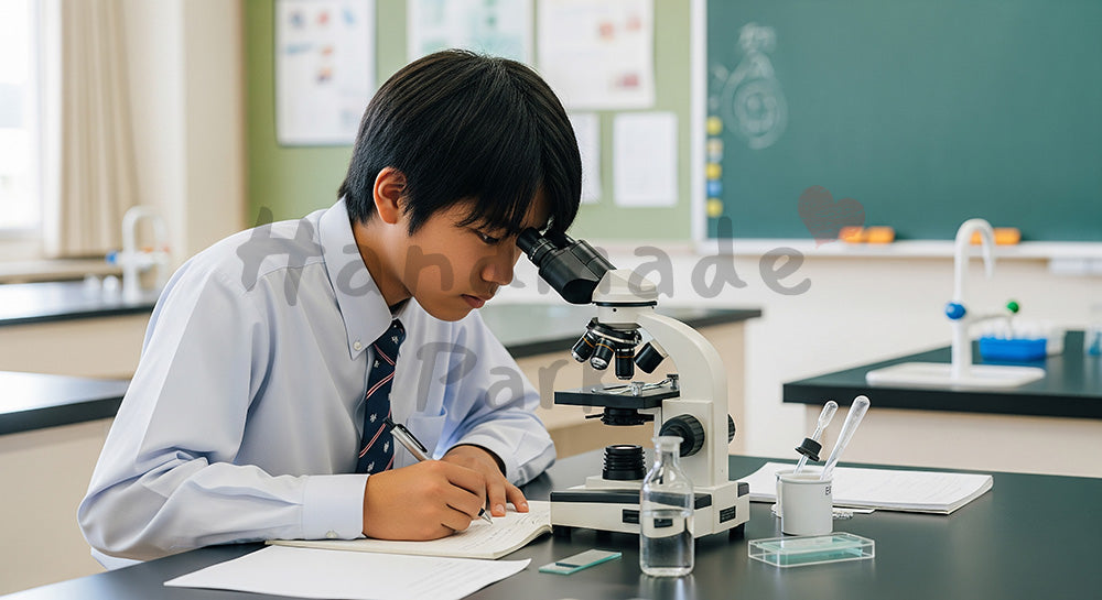 フリー素材 無料 写真｜理科室で顕微鏡観察を行う日本人中学生の理科実験シーン