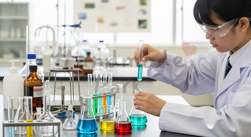 フリー素材 無料 写真｜白衣と安全メガネで化学実験に取り組む日本人高校生の学習シーン 余白あり