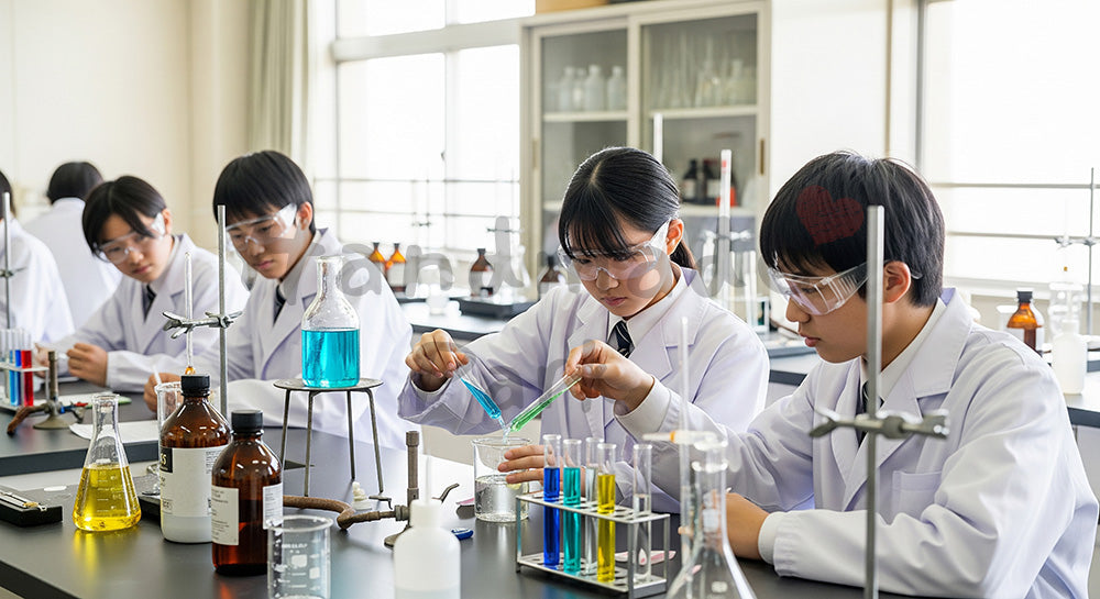 フリー素材 無料 写真｜白衣と安全メガネで化学実験に取り組む日本人高校生の学習シーン 写真背景