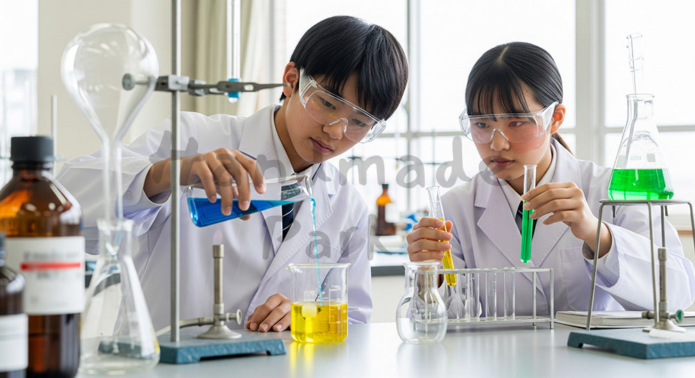 フリー素材 無料 写真｜白衣と安全メガネで化学実験に取り組む日本人高校生の学習シーン