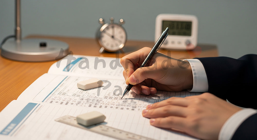 フリー素材 無料 写真｜数学ドリルに計算式を書き込む日本人学生の手元クローズアップ 背景素材