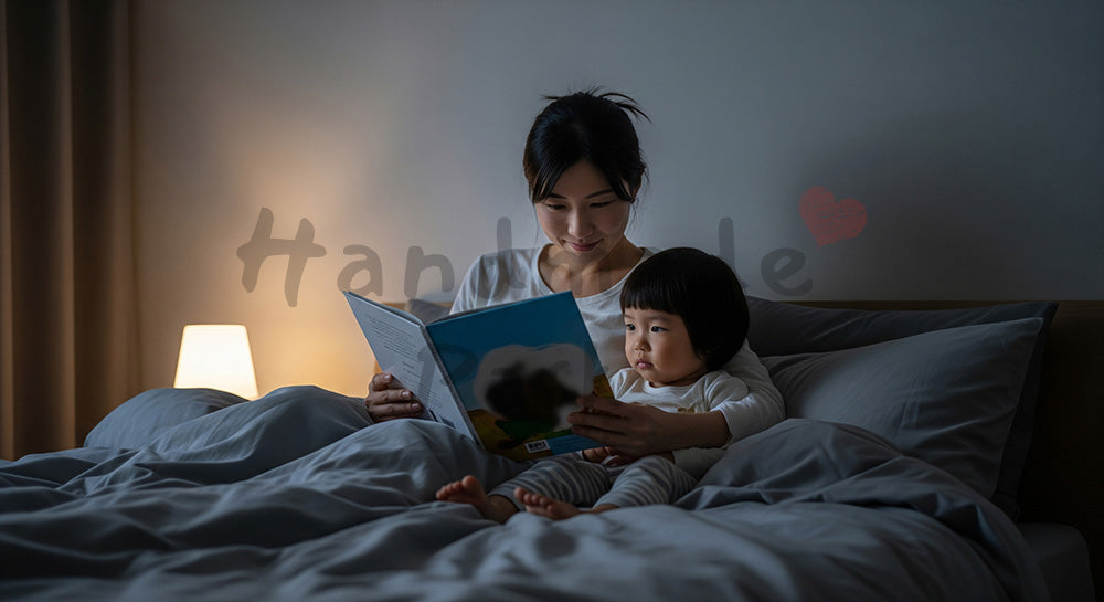 フリー素材 無料 写真｜寝室で絵本の読み聞かせをする日本人母親と子どものナイトタイム学習 背景素材