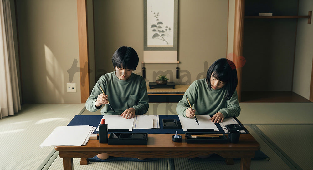 フリー素材 無料 写真｜和室で半紙に向かい書道の宿題をする日本人小中学生の学習シーン 余白あり