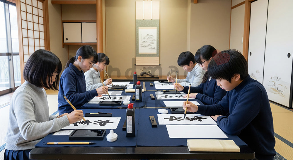 フリー素材 無料 写真｜和室で半紙に向かい書道の宿題をする日本人小中学生の学習シーン 写真背景