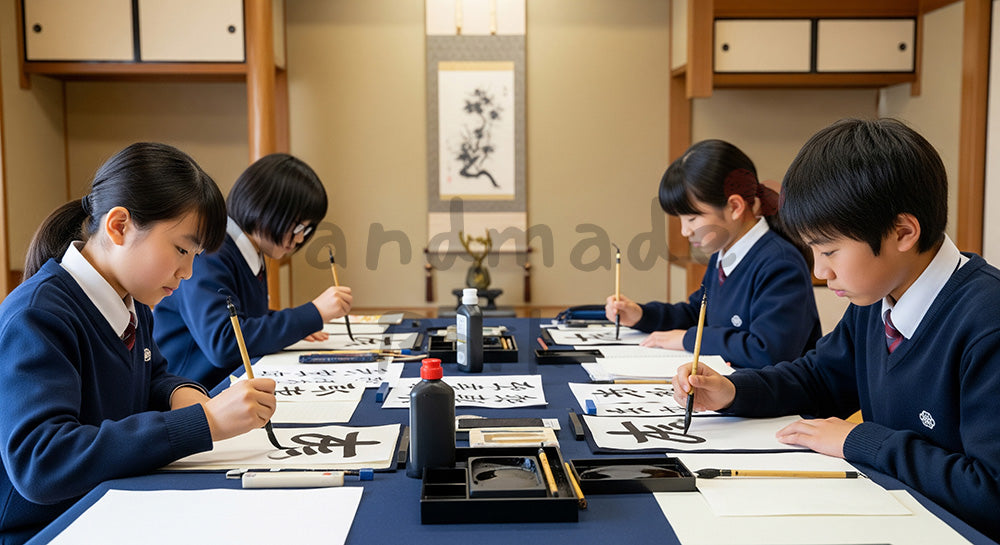 フリー素材 無料 写真｜和室で半紙に向かい書道の宿題をする日本人小中学生の学習シーン 背景素材