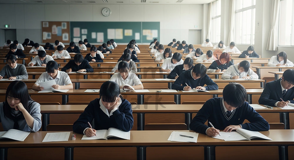 フリー素材 無料 写真｜大きな試験会場で一斉に試験を受ける日本人受験生のテストシーン 写真背景