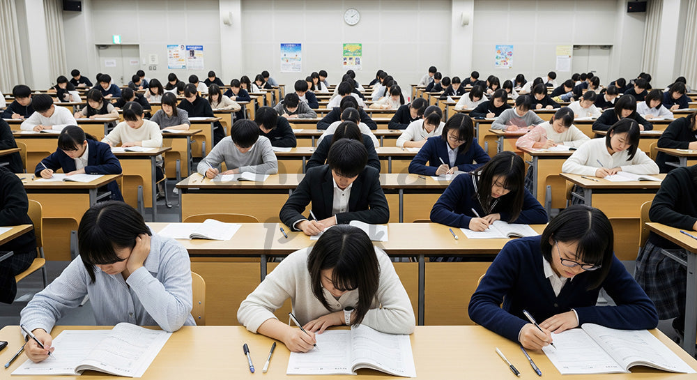 フリー素材 無料 写真｜大きな試験会場で一斉に試験を受ける日本人受験生のテストシーン 背景素材