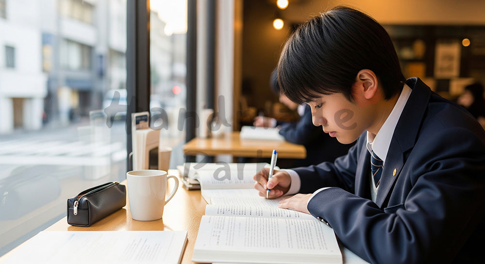 フリー素材 無料 写真｜カフェの窓際で参考書とノートに向かう日本人高校生の自習シーン 余白あり